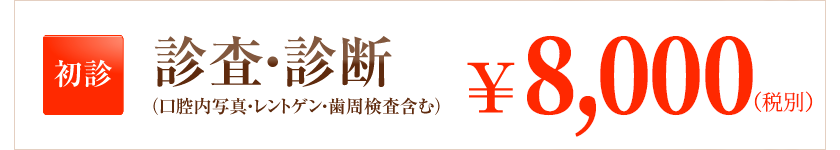 初診　診査・診断（口腔内レントゲン・歯周検査含む）￥8,640-（税込）